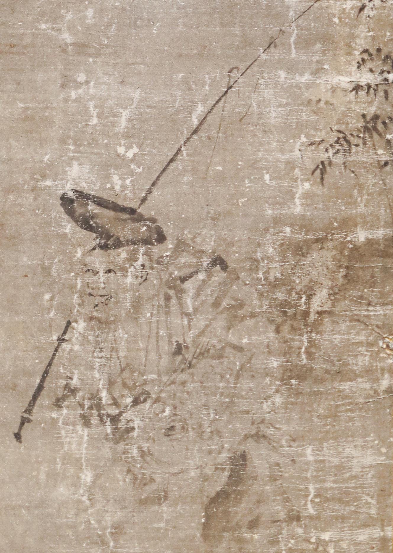 Large! Japanese antique furniture Byobu wind screen of gold water ink painting of Horses, people, birds 1800s Edo H67.9×99.8in/H172.5x253cm