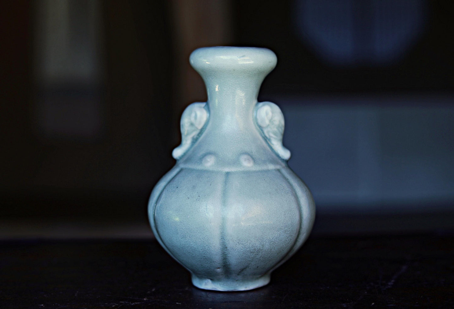 Japanese vintage Asia celadon porcelain ceramic flower vase with elephant's ears, hand made of pottery H6.5×3.9in/H16.5×10cm