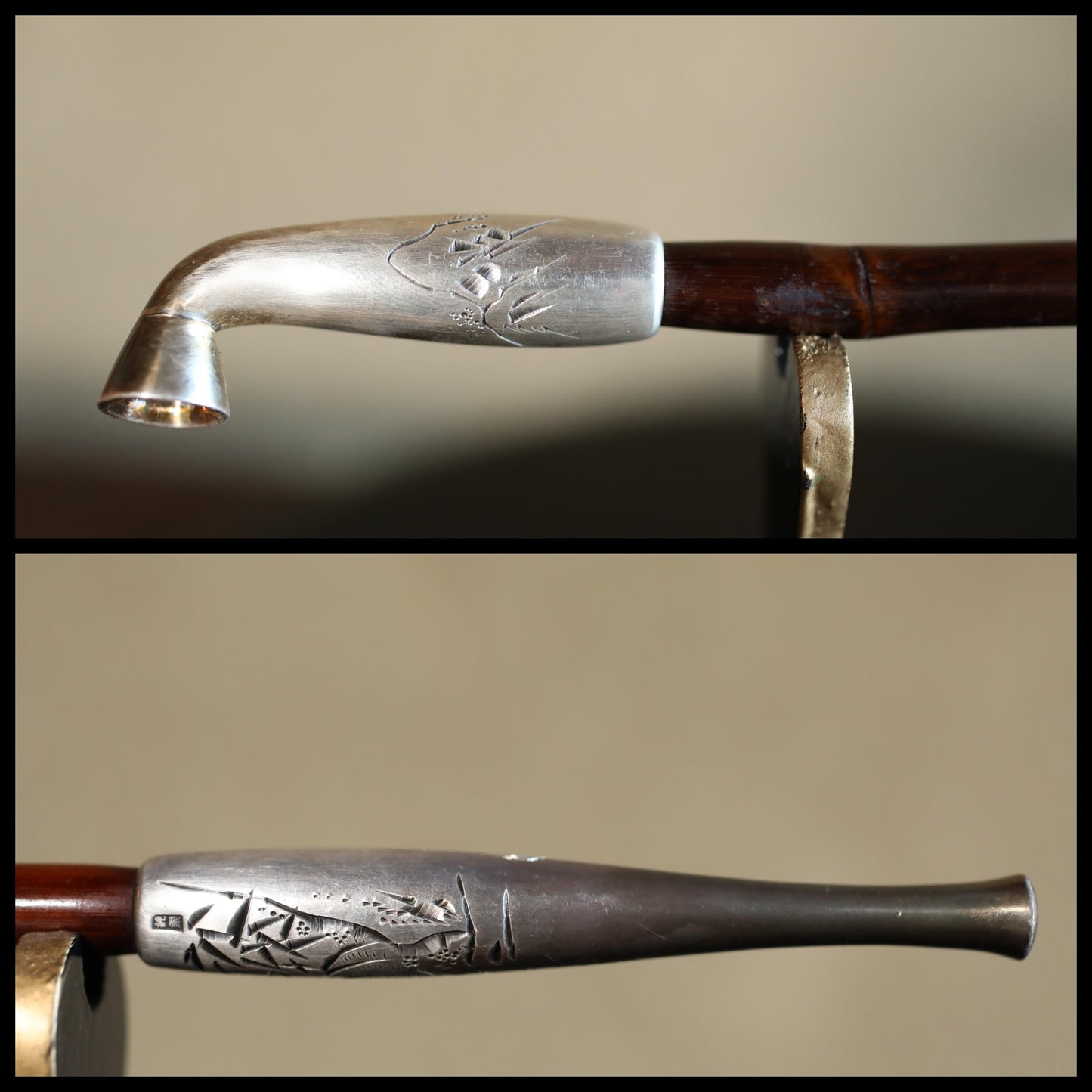 FINE! SILVER! 1910s Japanese antique tobacco smoking pipe Genuine silver kanji with Carved 虎Tiger and Bamboo craft KISERU hand craft