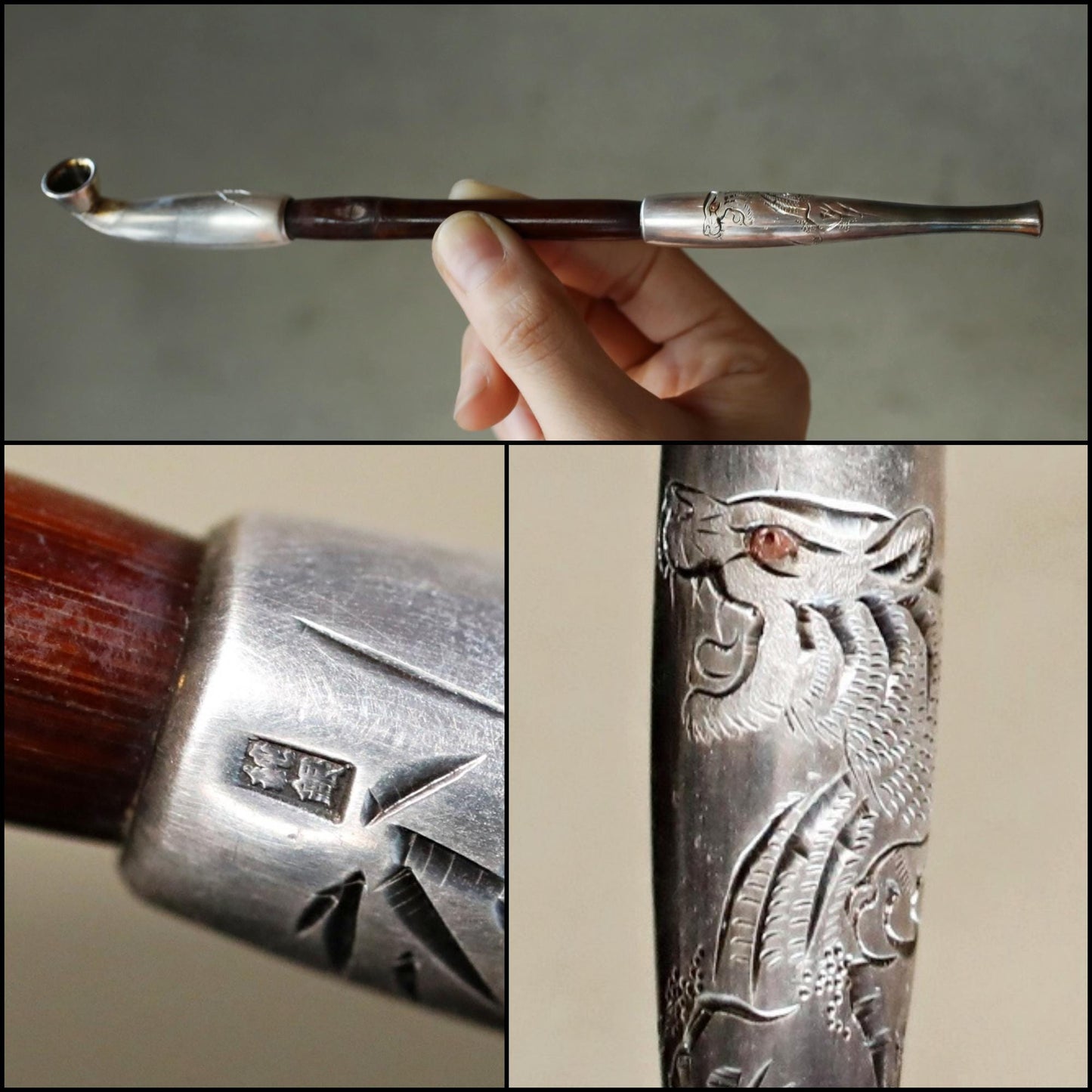 FINE! SILVER! 1910s Japanese antique tobacco smoking pipe Genuine silver kanji with Carved 虎Tiger and Bamboo craft KISERU hand craft