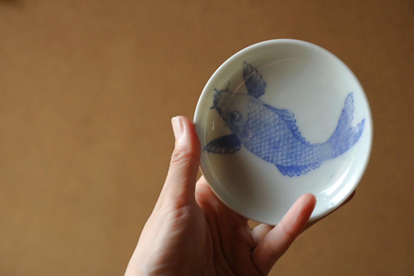 Set of 8 small plates Japanese vintage porcelain dish Indigo Blue White Carp COI fish pattern INBAN IMARI 4.3in/11cm