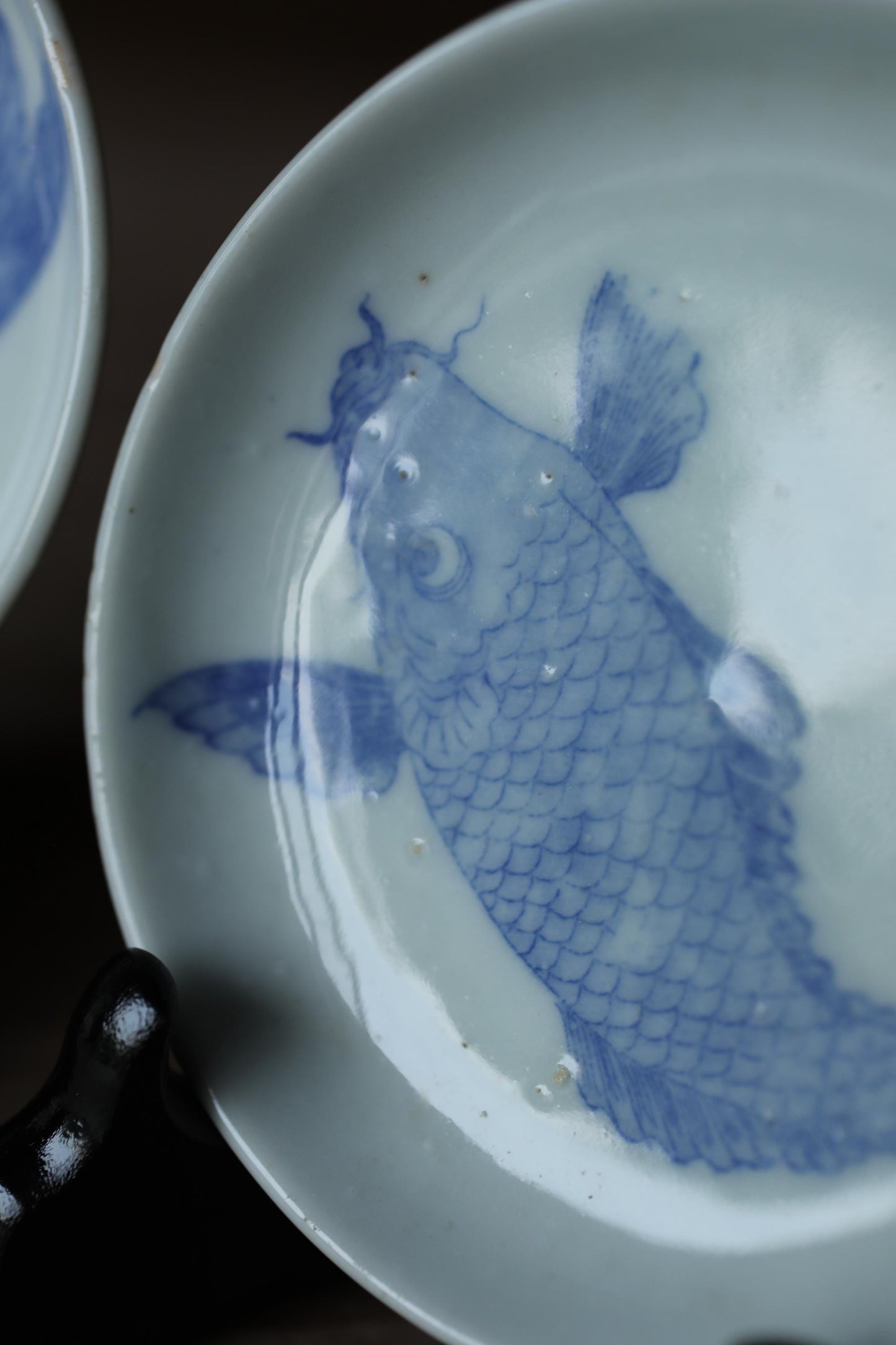 Set of 8 small plates Japanese vintage porcelain dish Indigo Blue White Carp COI fish pattern INBAN IMARI 4.3in/11cm