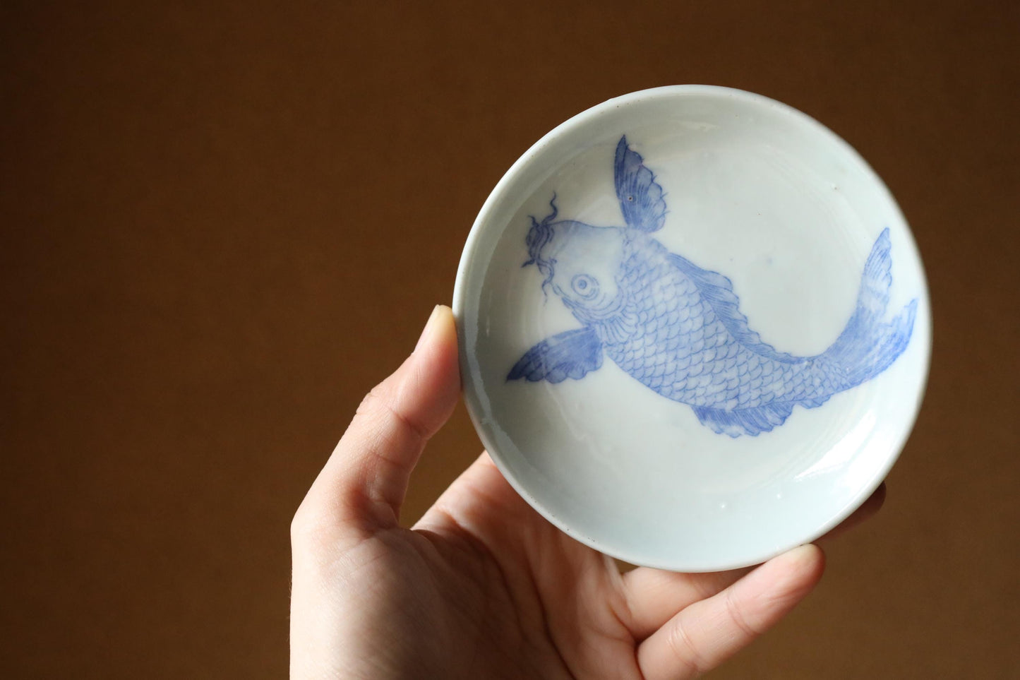 Set of 8 small plates Japanese vintage porcelain dish Indigo Blue White Carp COI fish pattern INBAN IMARI 4.3in/11cm