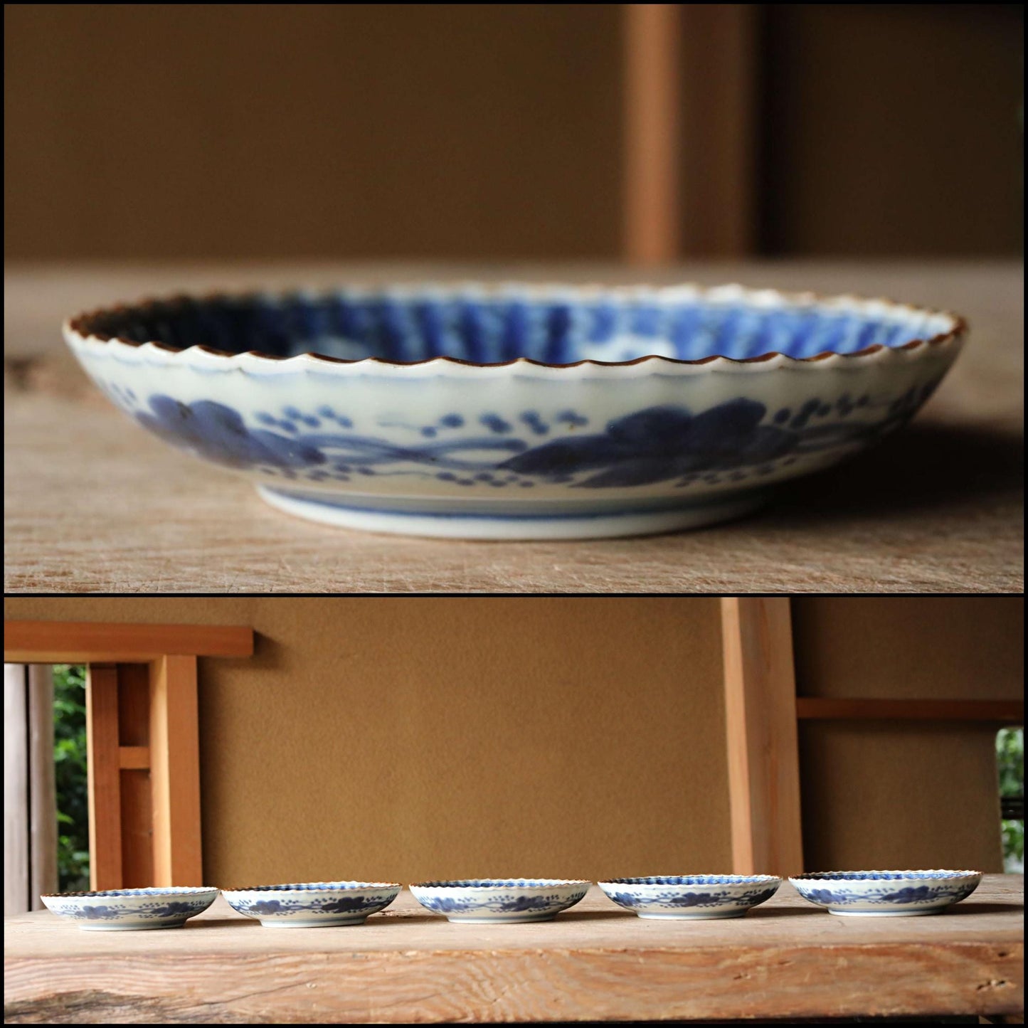 FINE! Set of 5 Japanese antique small Plates Dragons, Clouds, waves, porcelain 1890s Indigo Blue White hand painting IMARI 4.5in/11.5cm