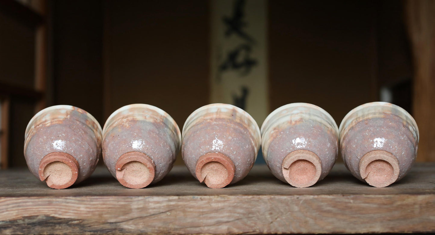 Japanese vintage Set of 5 tea cups HAGI ware ceramic kiln Perfect tea cup for SENCHA with signed wooden box For GIFT "Yunomi" dot pattern