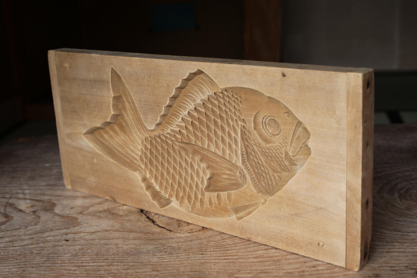 LARGE! Sea bream wooden hand carved Sweets mold Japanese Vintage "Kashigata" , TAI fish ornament furniture H7.5×W17.6in/H19×44.7cm