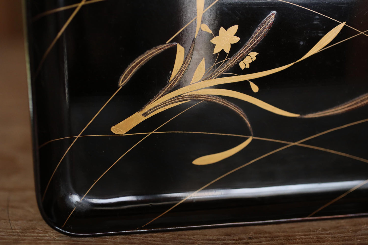 Japanese antique Urushi Lacquer wood tray with MAKIE beautiful gold flower leaves, Ozen/Obon/ with low legs Japanese furniture 10.6in/26.8cm