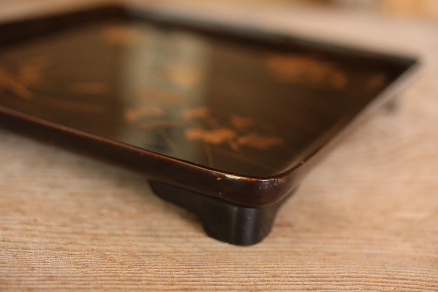 Japanese antique Urushi Lacquer wood tray with MAKIE beautiful gold flower leaves, Ozen/Obon/ with low legs Japanese furniture 10.6in/26.8cm