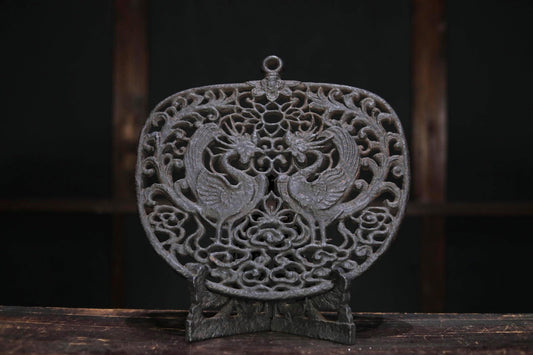 Japanese vintage buddhist metal art Phoenixes, Clouds and Flowers design wall decoration metal openwork with stand  H13.4in/H34cm