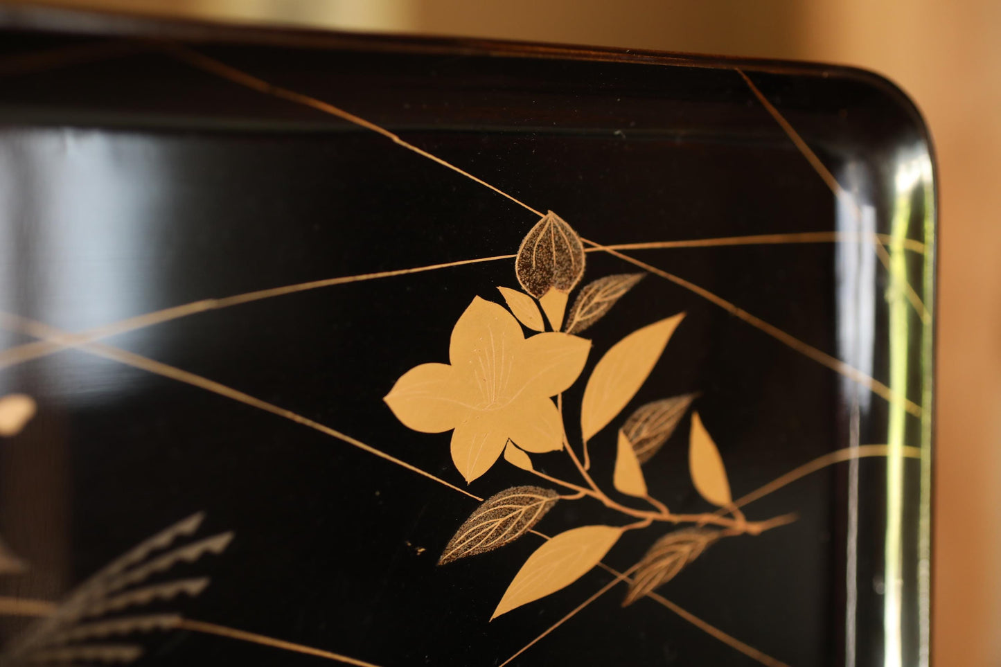 Japanese antique Urushi Lacquer wood tray with MAKIE beautiful gold flower leaves, Ozen/Obon/ with low legs Japanese furniture 10.6in/26.8cm