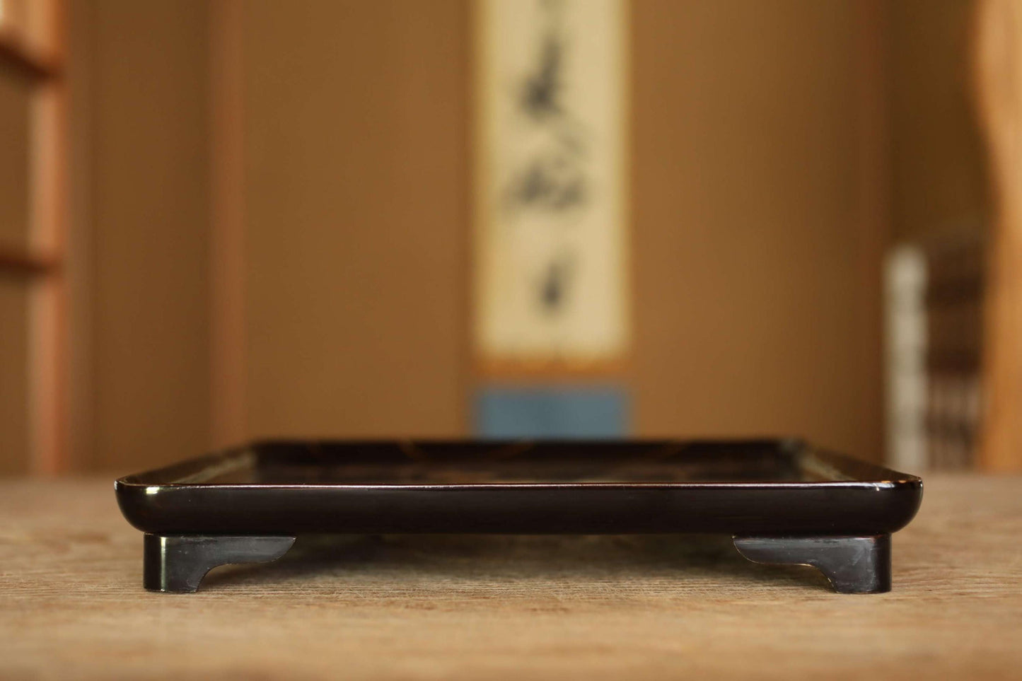 Japanese antique Urushi Lacquer wood tray with MAKIE beautiful gold flower leaves, Ozen/Obon/ with low legs Japanese furniture 10.6in/26.8cm