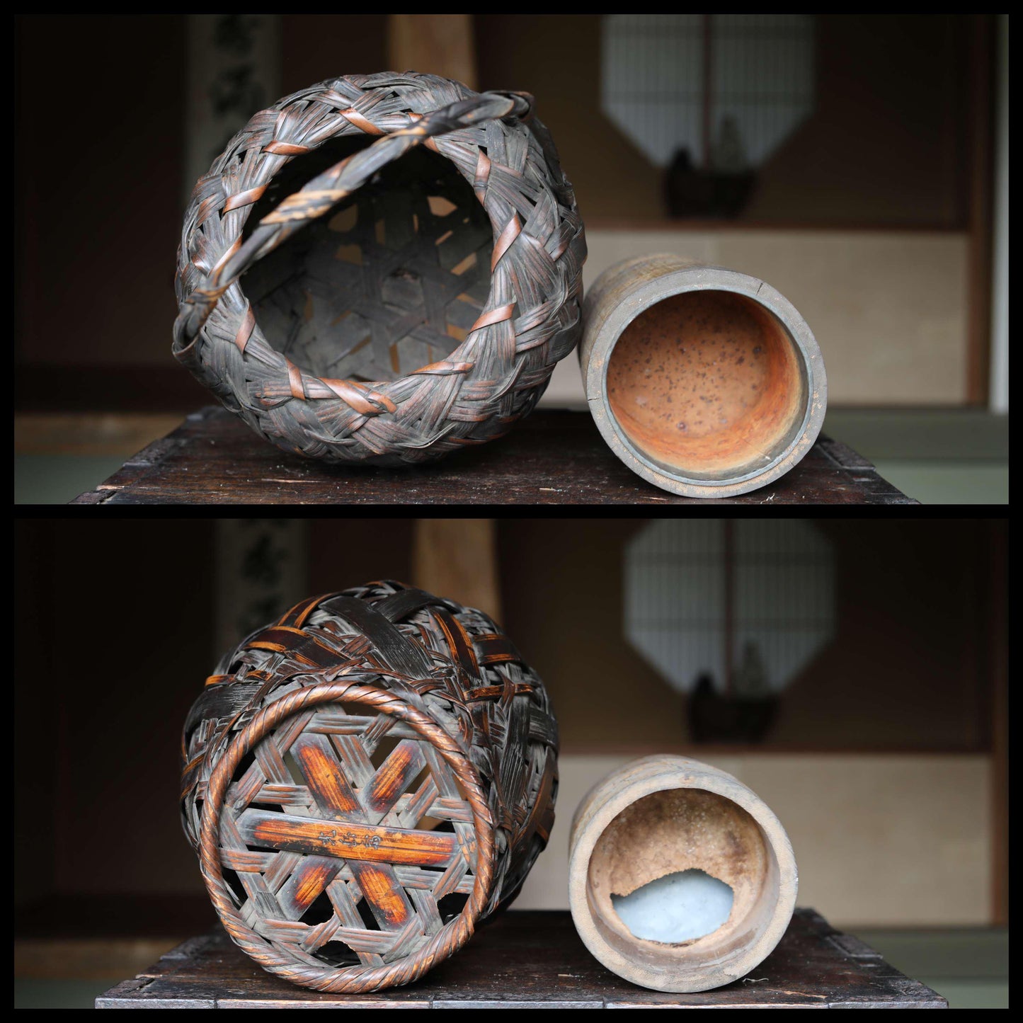 FINE! Japanese antique bamboo woven basket signed in smoke stained color with Inner vase For IKEBANA Tea ceremony, Hana-kago H16.9in/H43cm