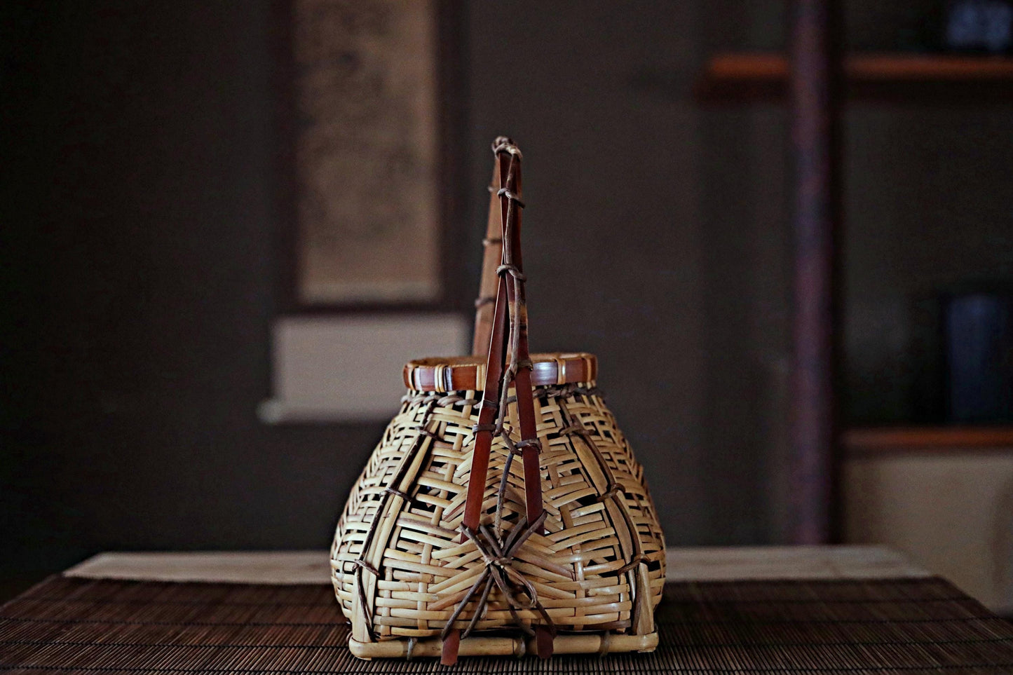 Japanese antique bamboo woven basket with Kanji signature, hand craft For IKEBANA Tea ceremony, Hana-kago 1950s H12.8×9.8in/H32.5×25cm