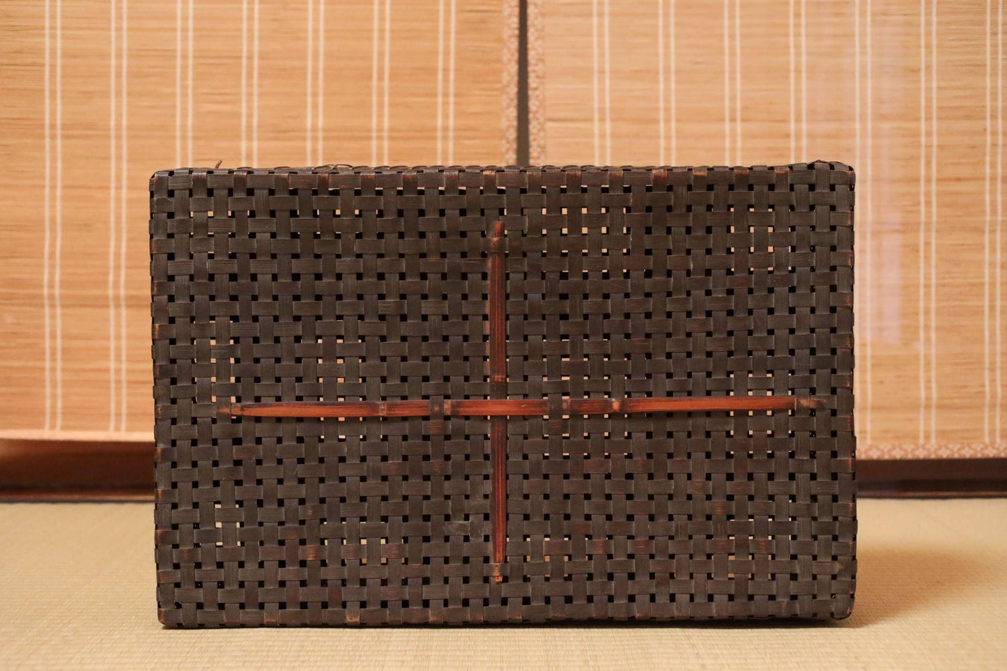 Japanese Furniture vintage 1920s bamboo basket box with lid KIMONO OBI belt box hand craft storage box W24×15.7in/W61×40cm