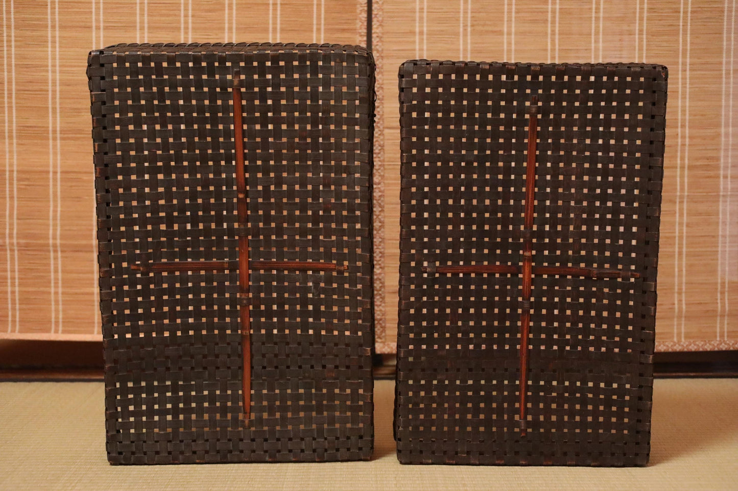 Japanese Furniture vintage 1920s bamboo basket box with lid KIMONO OBI belt box hand craft storage box W24×15.7in/W61×40cm