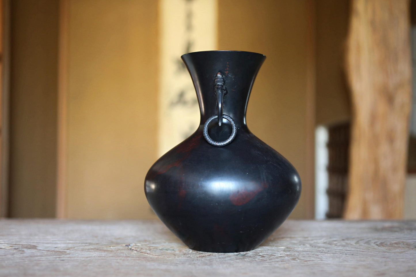 FINE! Japanese vintage 1960s Bronze flower vase black, Slightly red marble with beautiful dragons ears with 龍山 sign furniture H9.4in/H24cm