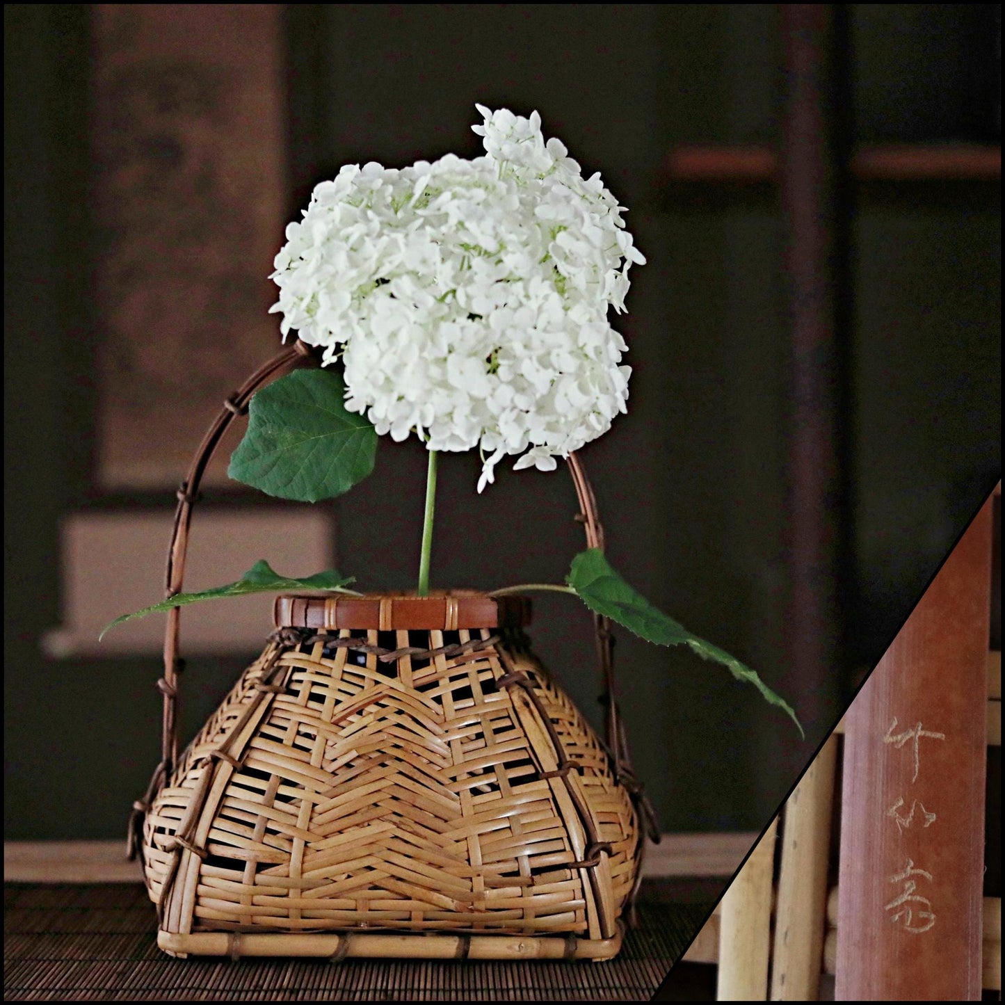 Japanese antique bamboo woven basket with Kanji signature, hand craft For IKEBANA Tea ceremony, Hana-kago 1950s H12.8×9.8in/H32.5×25cm
