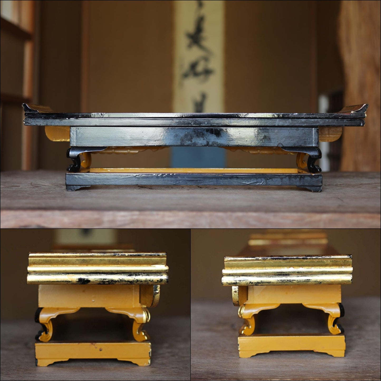 Japanese antique lacquer table pedestal From Buddhist temple, Wood Stand Japanese furniture, red black gold Sutra desk W21.3in/W54cm