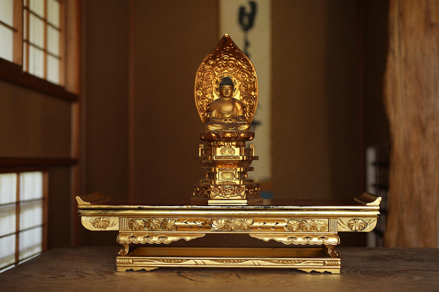 Japanese antique lacquer table pedestal From Buddhist temple, Wood Stand Japanese furniture, red black gold Sutra desk W21.3in/W54cm