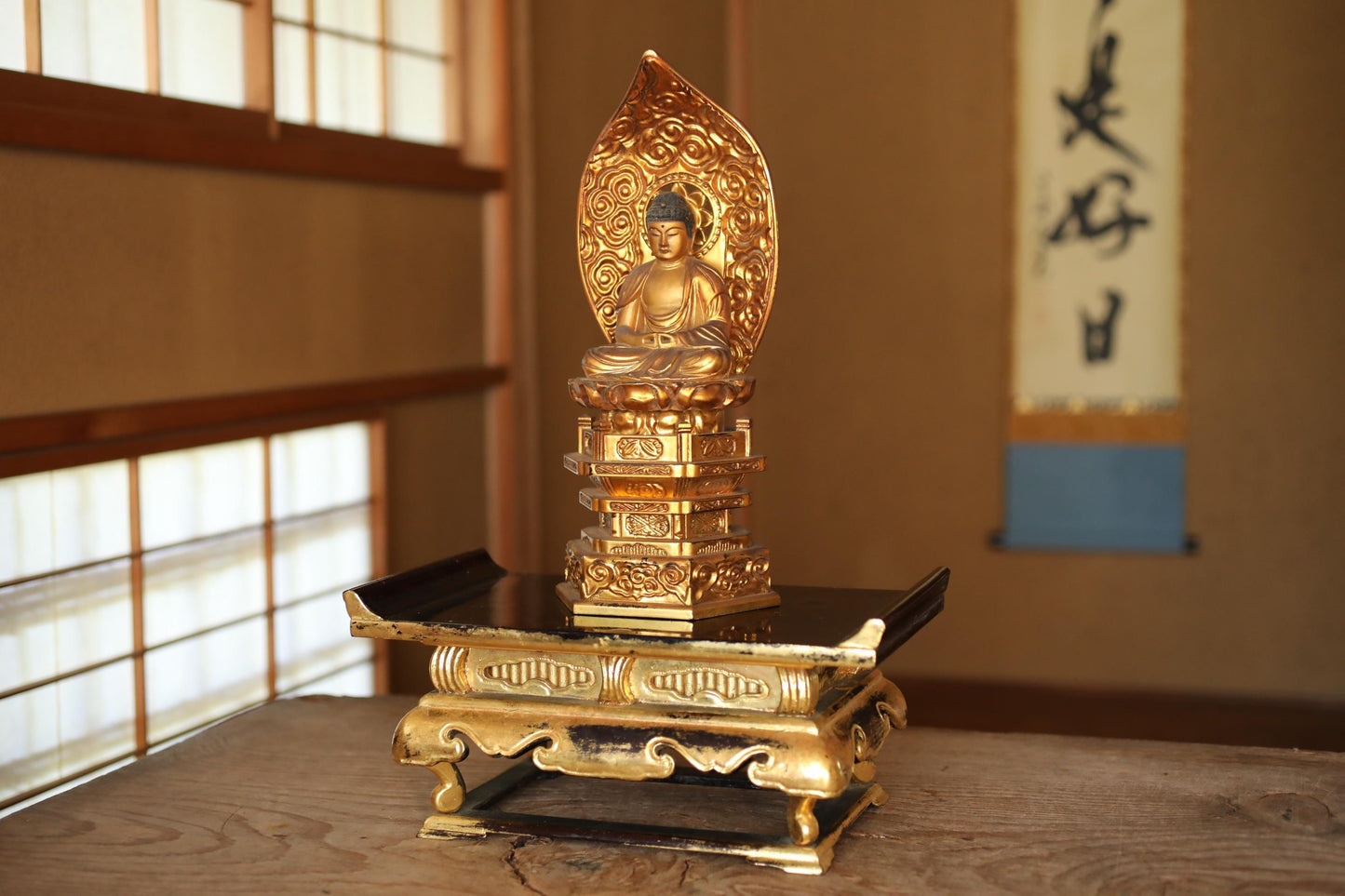 Japanese vintage gold lacquer pedestal, Buddhist table temple table Buddhist Wood Stand furniture black Sutra desk H5.6×12.4in/H14.2×31.4cm