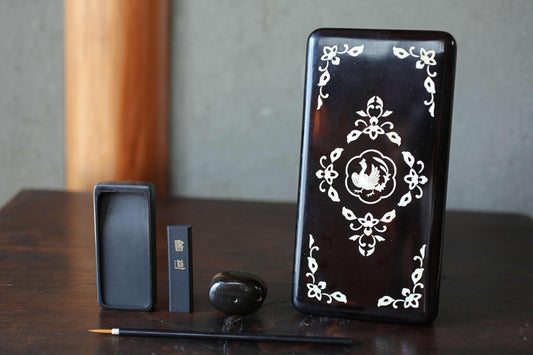 Japanese vintage portable Suzuri-bako Zen writing set Ink calligraphy with lacquer box bird flower design Brush ink etc 9.3×4.6in/23.5×12cm