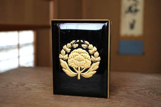 Japanese Makie Black Lacquer Gold peony SAMURAI crest wooden box URUSHI Maki-e, lacquer furniture buddhist alter 8.7×6.5in/22.2×16.6cm