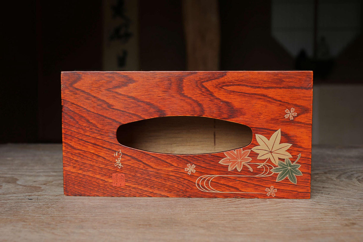 Japanese vintage urushi wooden tissue box holder with MAKIE autumn leaves with signed beautiful gold H4.3×5.5×10.8in/H11×14×27.5cm