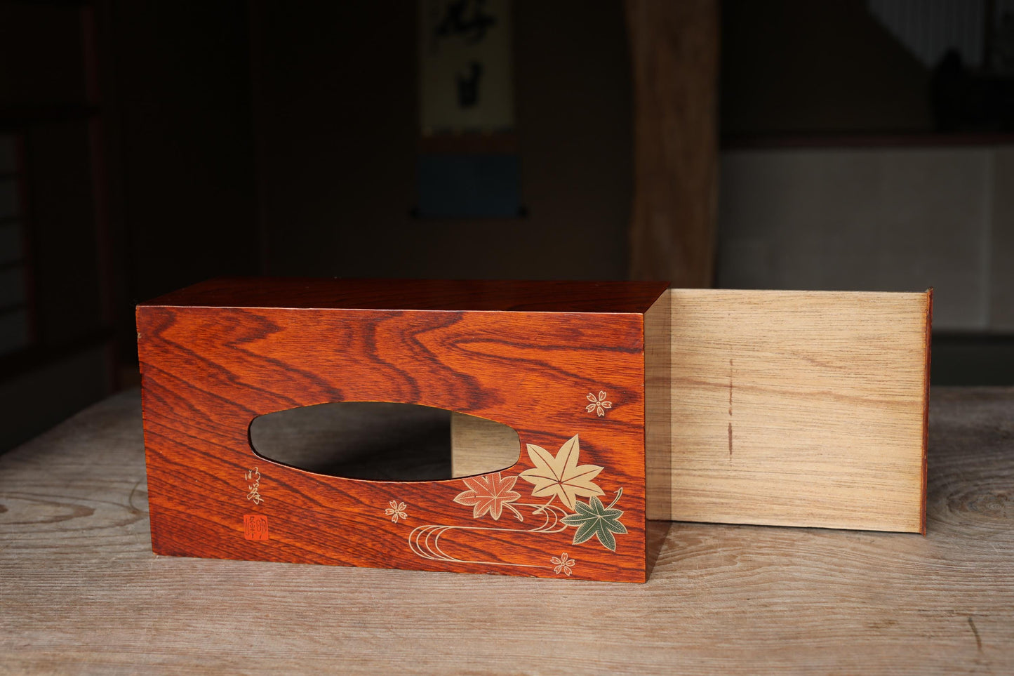 Japanese vintage urushi wooden tissue box holder with MAKIE autumn leaves with signed beautiful gold H4.3×5.5×10.8in/H11×14×27.5cm