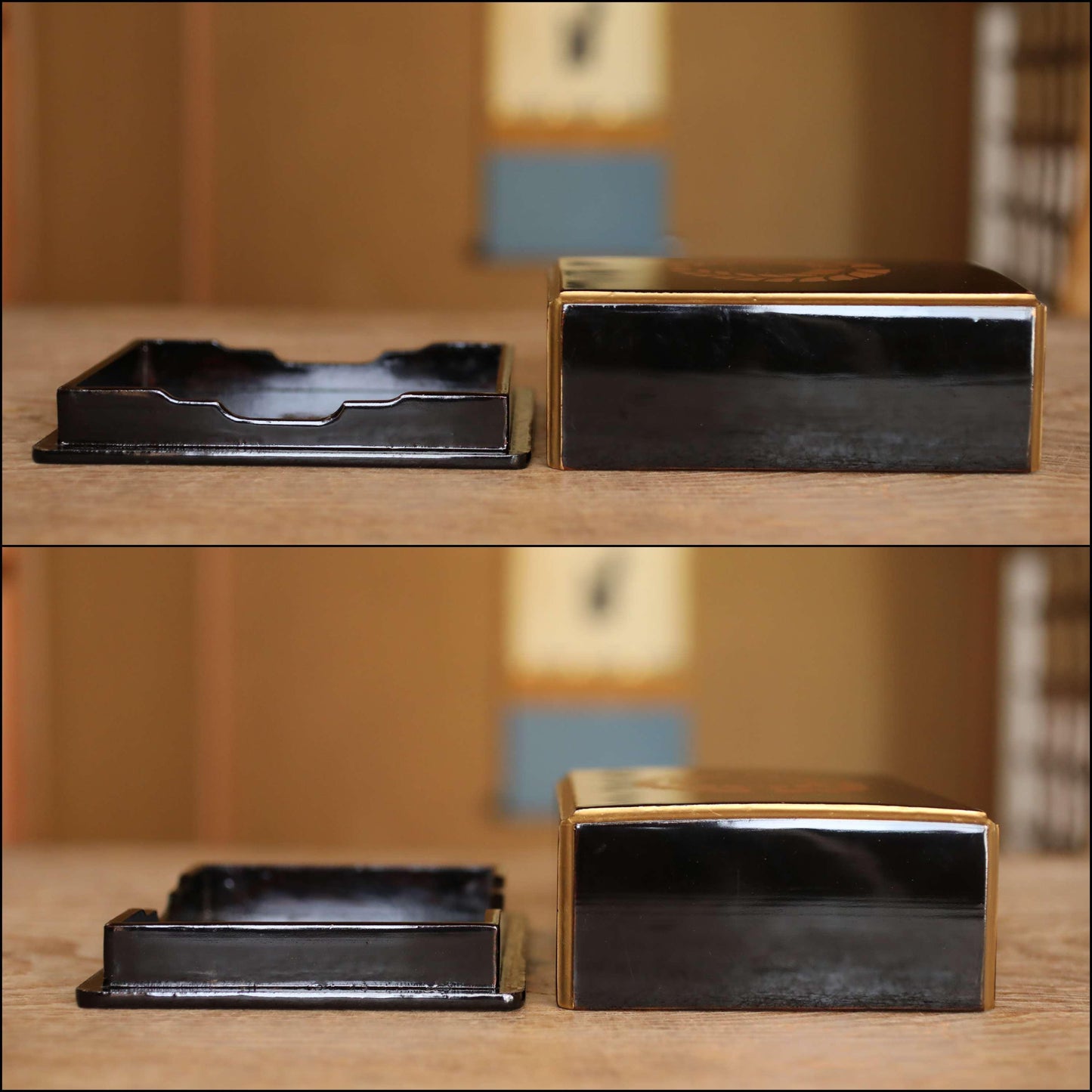 Japanese Makie Black Lacquer Gold wisteria SAMURAI crest wooden box URUSHI Maki-e, lacquer furniture buddhist alter 6.7×5.3in/17×13.5cm