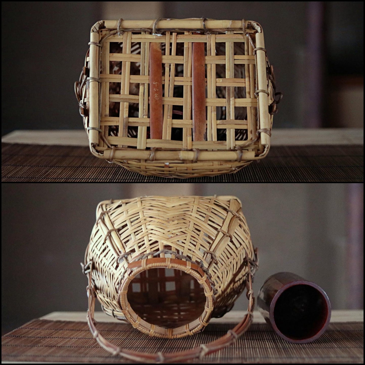 Japanese antique bamboo woven basket with Kanji signature, hand craft For IKEBANA Tea ceremony, Hana-kago 1950s H12.8×9.8in/H32.5×25cm