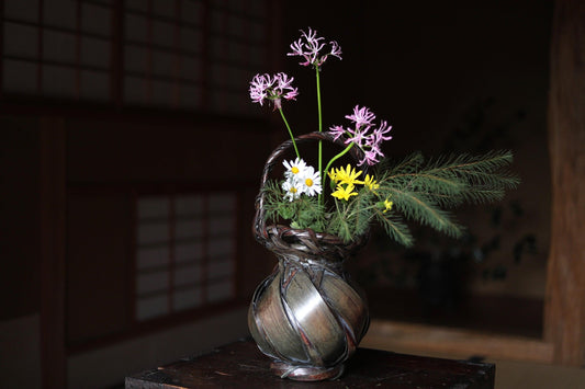Japanese vintage bamboo woven basket in smoke stained color ,For IKEBANA, hand craft, Tea ceremony, Hana-kago 1950s H16.1x7.9in/41×20cm