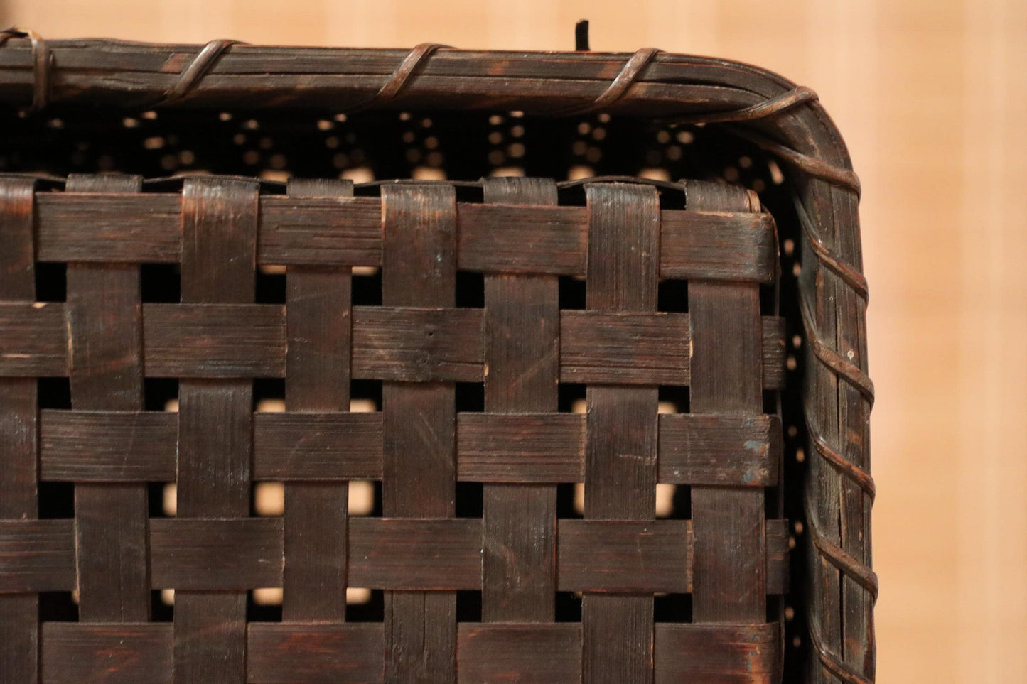 Japanese Furniture vintage 1920s bamboo basket box with lid KIMONO OBI belt box hand craft storage box W24×15.7in/W61×40cm