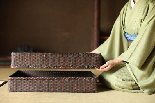 Japanese Furniture vintage 1920s bamboo basket box with lid KIMONO OBI belt box hand craft storage box W24×15.7in/W61×40cm