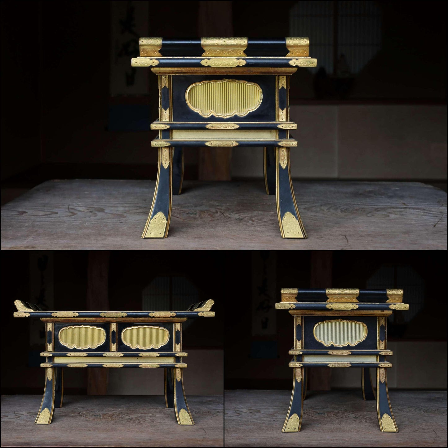 Japanese vintage lacquer pedestal, Buddhist table temple table, Buddhist Wood Stand, furniture, black Sutra desk H12.2×W19in/H31×W49cm