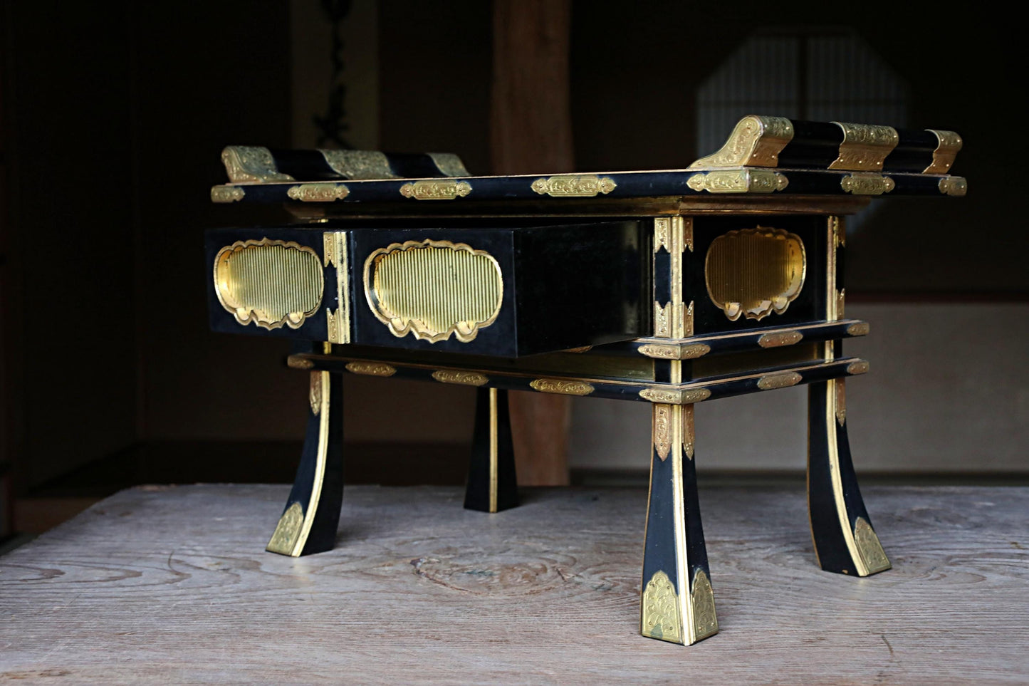 Japanese vintage lacquer pedestal, Buddhist table temple table, Buddhist Wood Stand, furniture, black Sutra desk H12.2×W19in/H31×W49cm