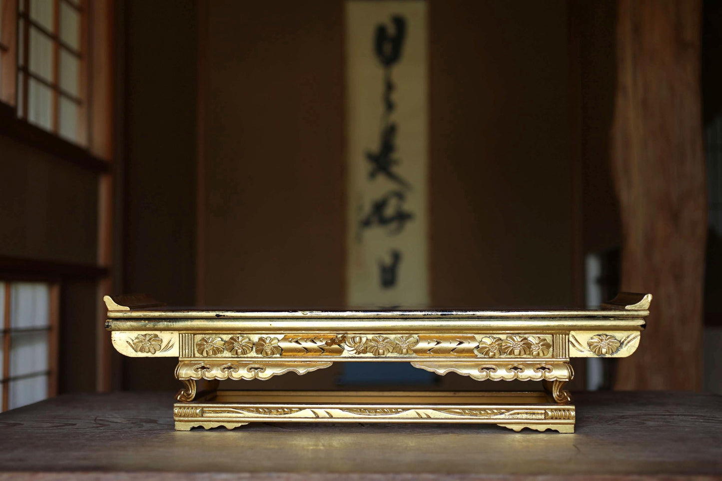Japanese antique lacquer table pedestal From Buddhist temple, Wood Stand Japanese furniture, red black gold Sutra desk W21.3in/W54cm