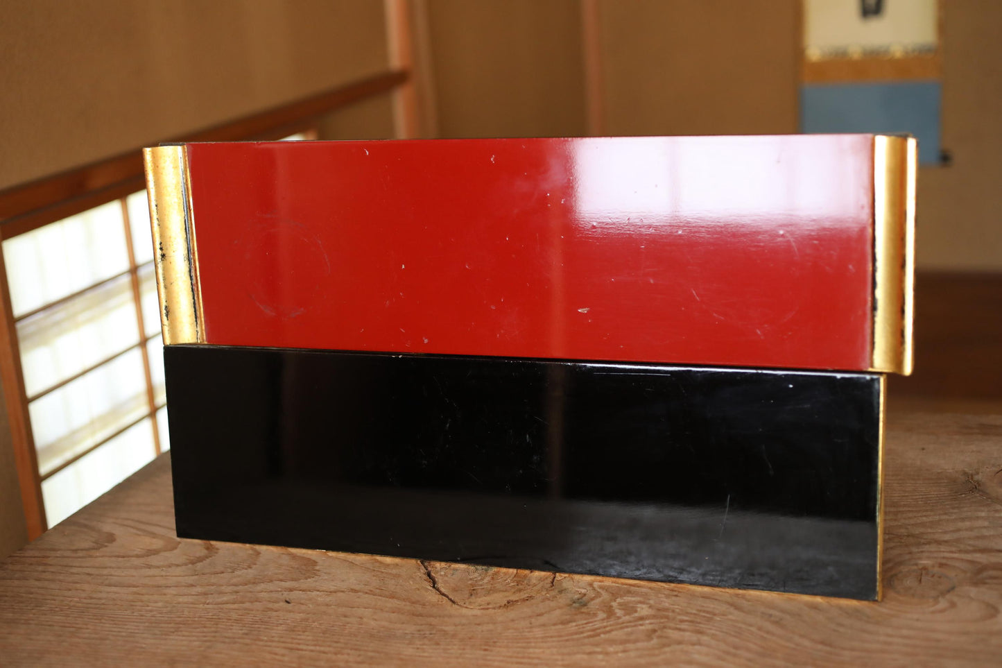 Japanese antique lacquer table pedestal From Buddhist temple, Wood Stand Japanese furniture, red black gold Sutra desk W21.3in/W54cm
