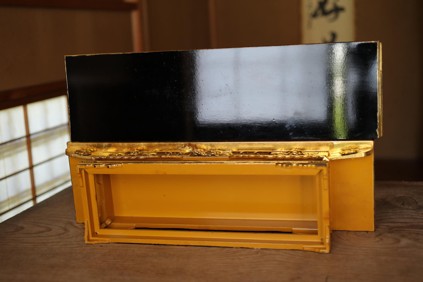 Japanese antique lacquer table pedestal From Buddhist temple, Wood Stand Japanese furniture, red black gold Sutra desk W21.3in/W54cm