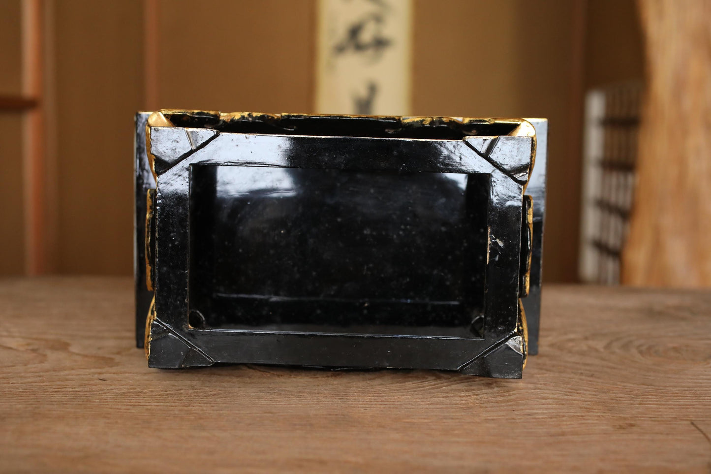 Japanese vintage gold lacquer pedestal, Buddhist table temple table Buddhist Wood Stand furniture black Sutra desk H5.6×12.4in/H14.2×31.4cm