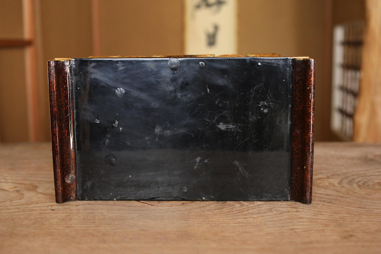 Japanese vintage gold lacquer pedestal, Buddhist table temple table Buddhist Wood Stand furniture black Sutra desk H5.6×12.4in/H14.2×31.4cm