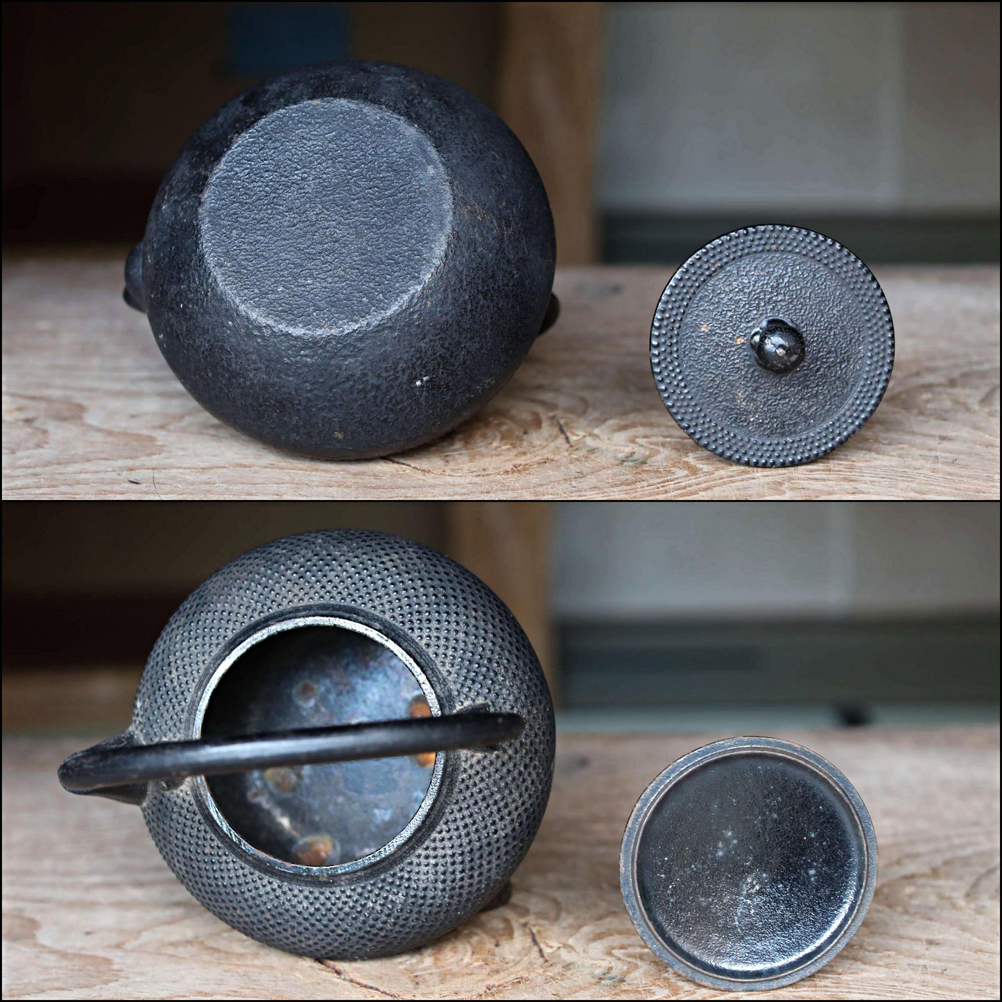 Japanese vintage cast iron kettle with sign Nambu Tetsubin 1980s ARARE design metal craft Tea pot tea ceremony H7.7×7.7in/H19.5×19.5cm