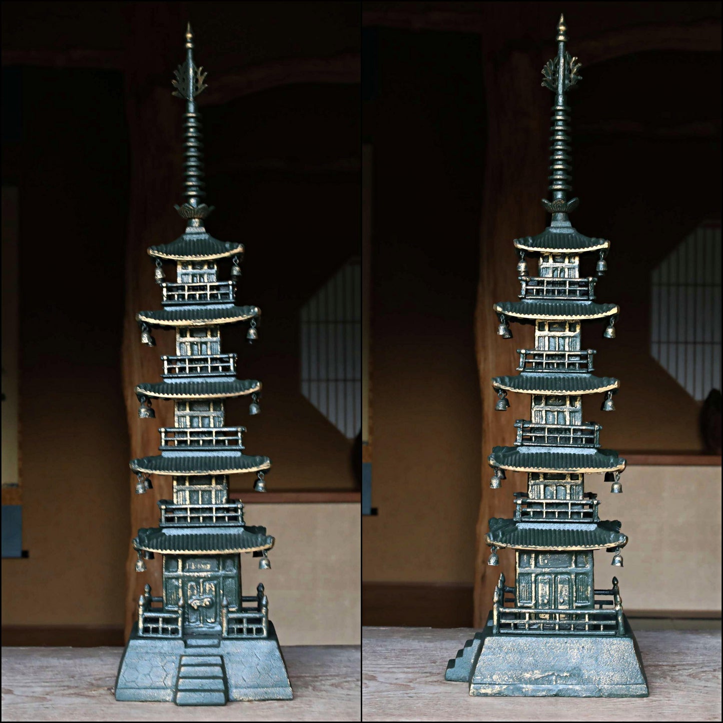 LARGE Japanese vintage iron five-storied Pagoda Buddhist architecture Kyoto garden design, Japanese metal interior H31.1×7.9in/H79×20cm