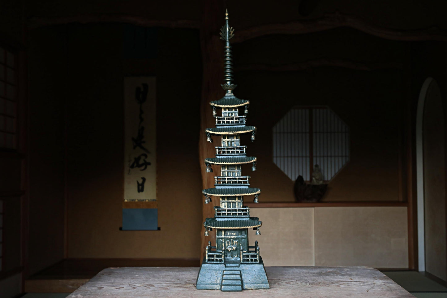LARGE Japanese vintage iron five-storied Pagoda Buddhist architecture Kyoto garden design, Japanese metal interior H31.1×7.9in/H79×20cm