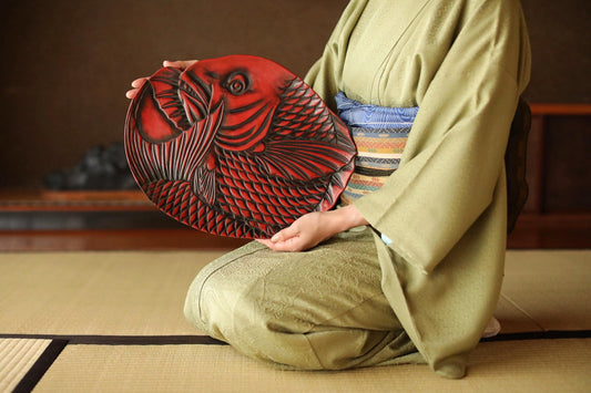 Japanese vintage TAI fish tray 1960s hand carved sculpture Decorative wooden tray lacquer urushi, OBON, URUSHI, Takaoka 15.6in/39.5cm
