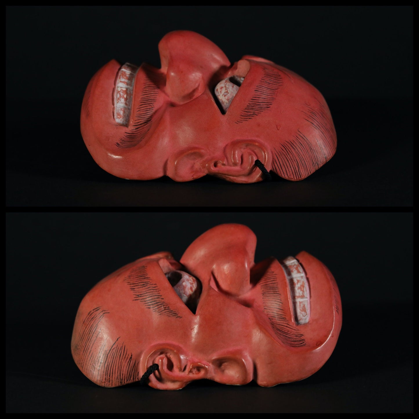 Noh Mask Vintage - Red Demon Carving | Traditional Japanese Kyogen Theater Mask