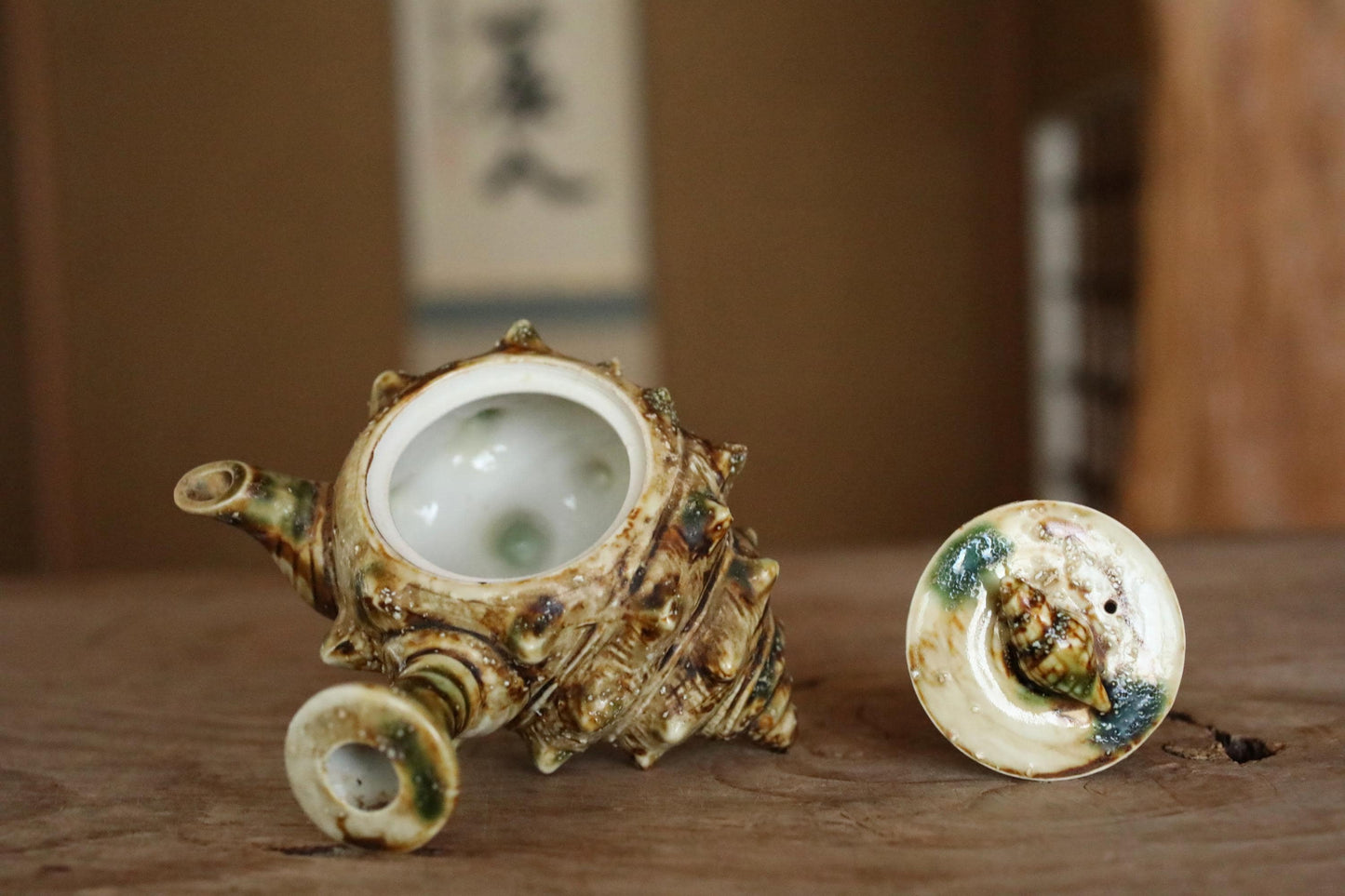 Vintage Ceramic Teapot - Japanese Sencha Tea Pot with Turban Shell Design & Green Oribe Glaze