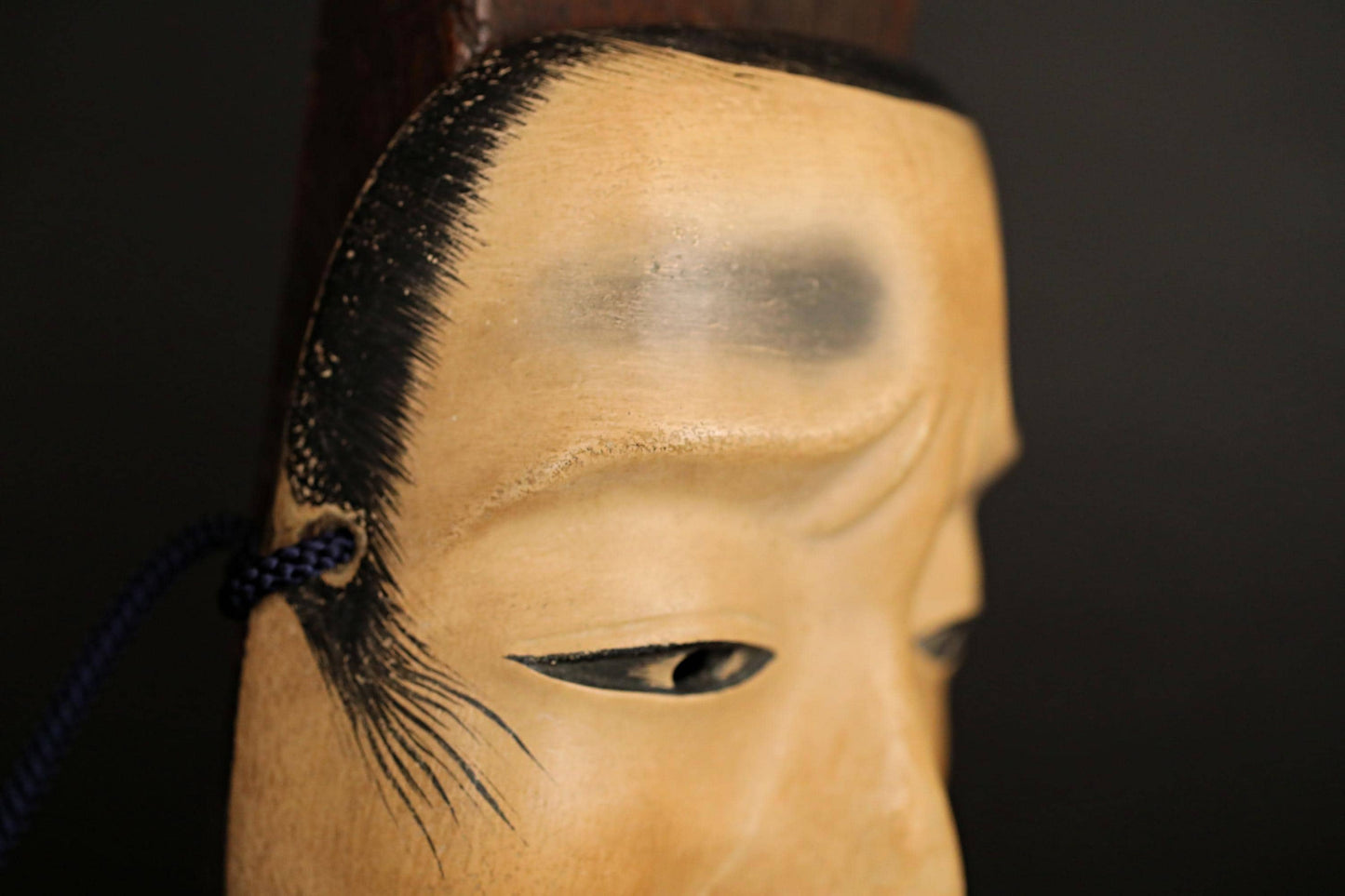 Antique Japanese Noh Mask - Chujo Samurai Hand Carved Wood Carving Art with Silk Bag