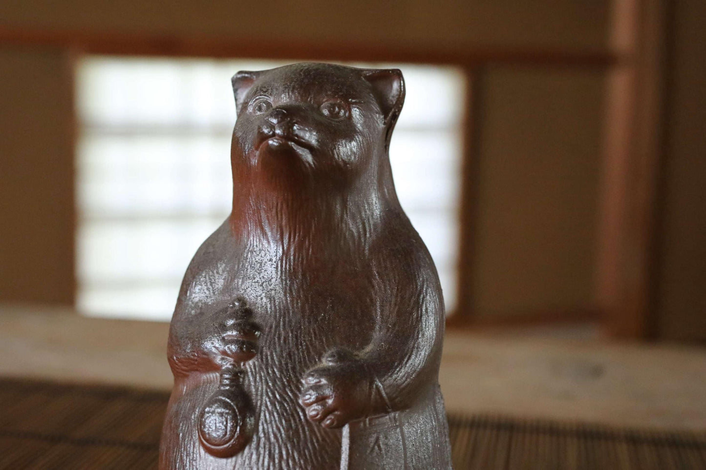 Bizen Ware Sake Bottle - Vintage Pottery Raccoon Dog Doll, Edo Era Craft