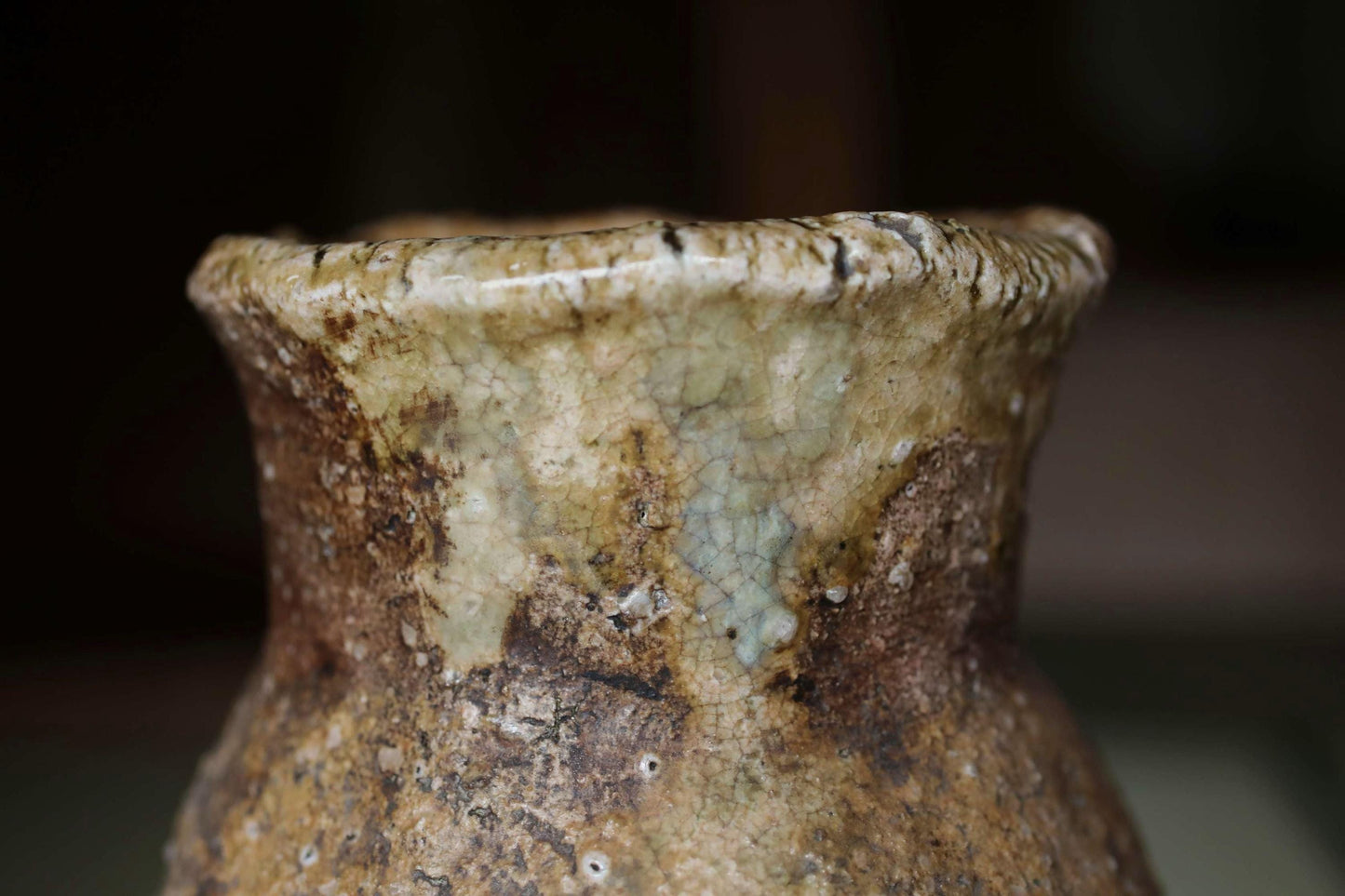 A close-up image of a ceramic vase with a textured, weathered appearance.