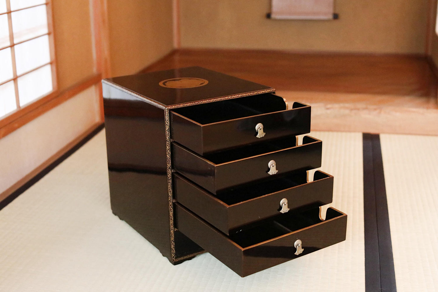 Tansu Chest: Black Lacquer Japanese Temple Chest With Gold Makie Family Crest & Glossy Finish